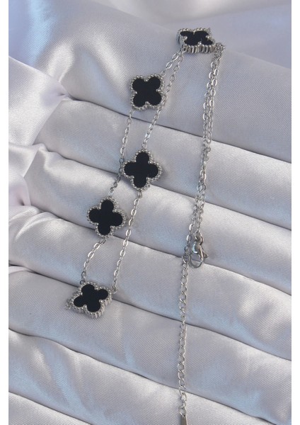 316L Çelik Gümüş Renk Siyah Mineli Yonca Kolye fiyatları