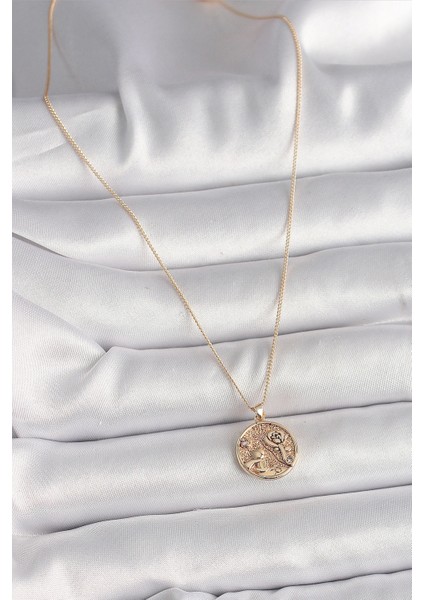 Pirinç Gold Renk Zirkon Taş Detaylı Gül Işleme Madalyon Model Kadın Kolye fiyatları