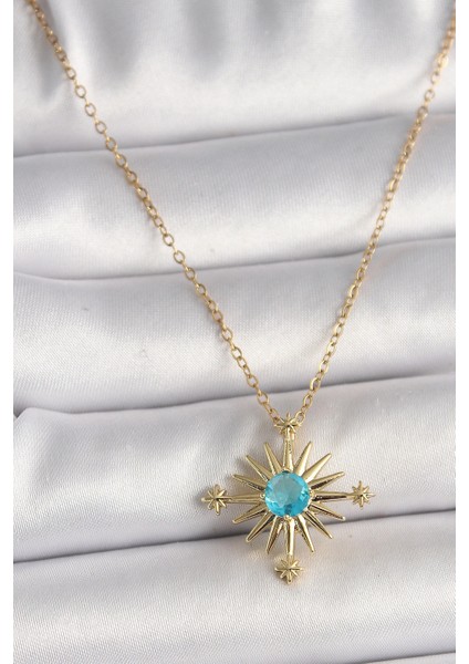 316L Çelik Gold Renk Zincir Mi Taş Detaylı Kuzey Yıldız Model Kadın Kolye