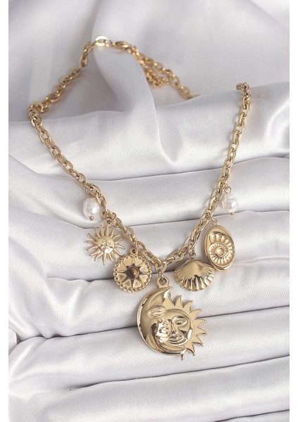 316L Çelik Gold Renk Ay Güneş Figür Deniz Kabuğu Detay Kadın Kolye fiyatları