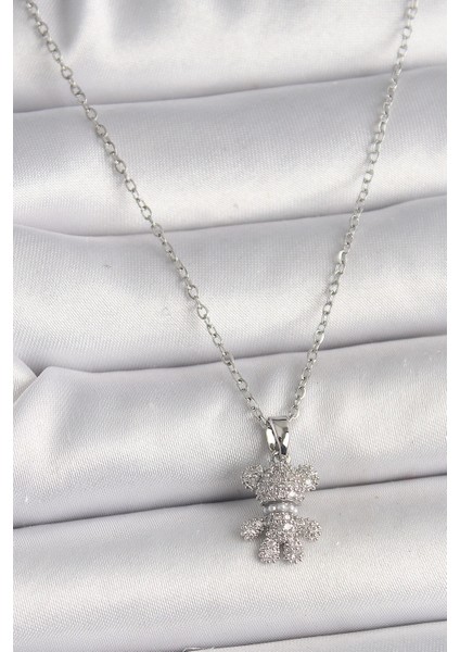 316L Çelik Gümüş Renk Zincir Zirkon Taşlı Ayıcık Figür Kadın Kolye