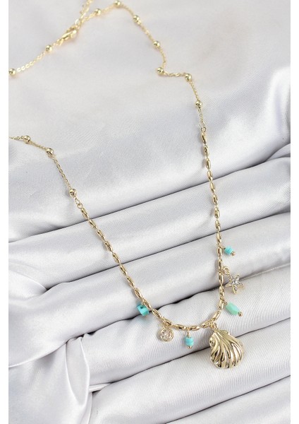 Pirinç Zirkon Taşlı Deniz Kabuğu Model Gold Renk Kadın Kolye fiyatları