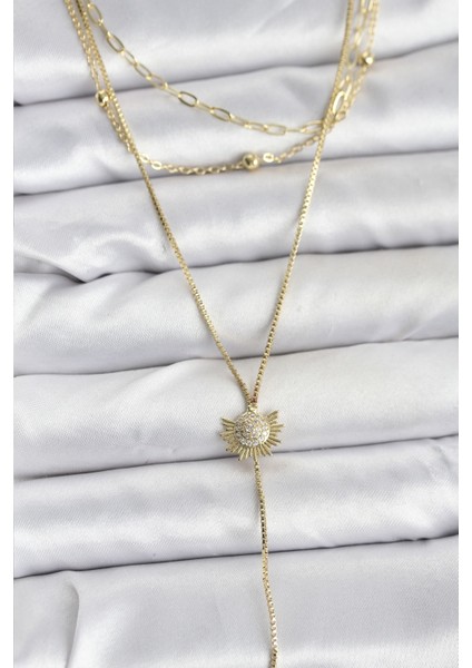 Pirinç Gold Renk Zirkon Taşlı Güneş Model Detaylı 3'lü Kombin Y Kadın Kolye