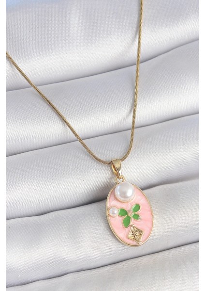 316L Çelik Gold Renk Zincir Pembe Mineli Oval Incili Çiçek Işlemeli Portre Model Kadın Kolye
