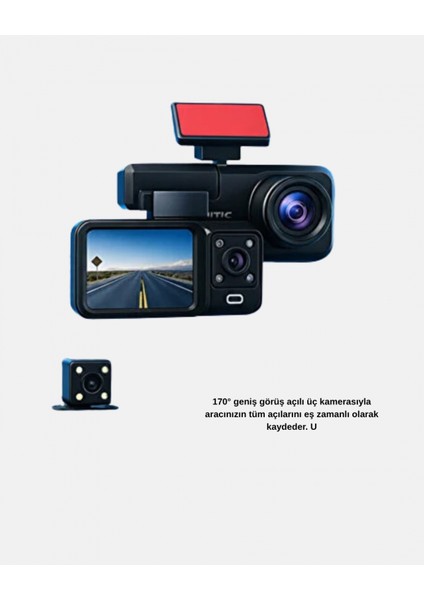 Üç Kameralı Dash Cam 170° Geniş Açılı Full Hd Gece Görüşlü fırsatları