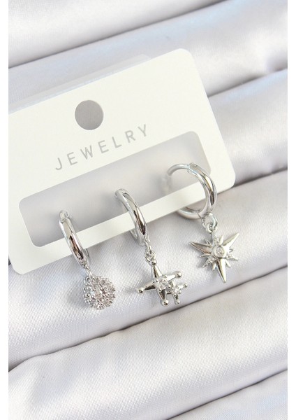 Pirinç Zirkon Taşlı Kutup Yıldızı Model Gümüş Renk 3'lü Çift Kadın Küpe Set