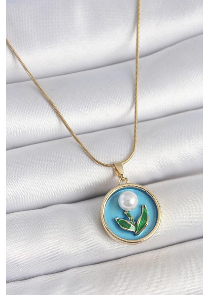 316L Çelik Gold Renk Zincir Mi Mineli Incili Çiçek Işlemeli Portre Model Kadın Kolye