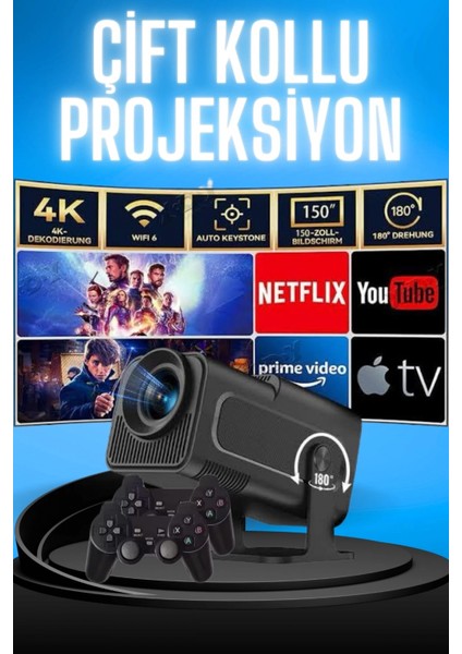 Projektör Siyah Android Taşınabilir Sinema Projeksiyon Wifi Destekli En Güncel Sürüm Akıllı