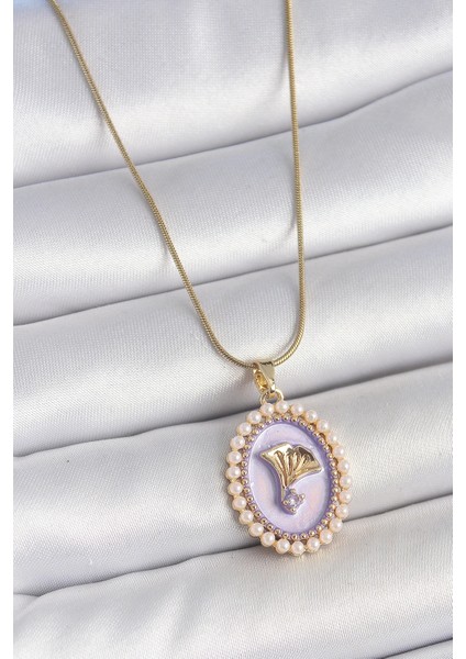 316L Çelik Gold Renk Zincir Mor Mineli Incili Zirkon Taşlı Çiçek Işlemeli Portre Model Kadın Kolye
