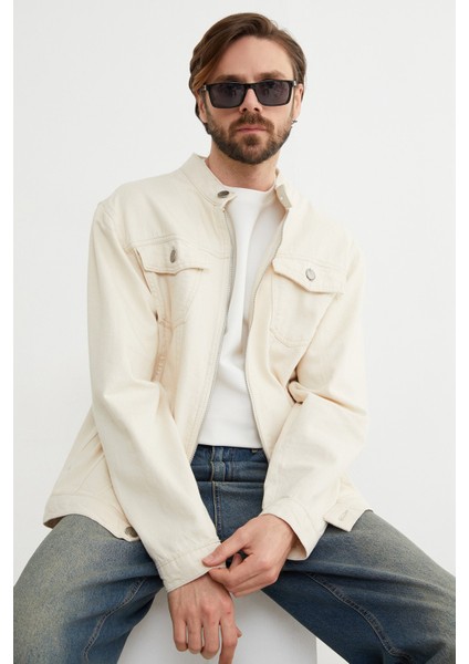 Fermuarlı Cepli Hakim Yaka Kot Ceket