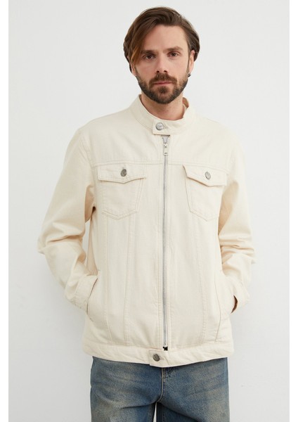 Fermuarlı Cepli Hakim Yaka Kot Ceket