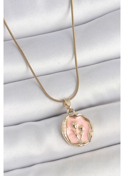 316L Çelik Gold Renk Zincir Pembe Mineli Çiçek Işlemeli Portre Model Kadın Kolye
