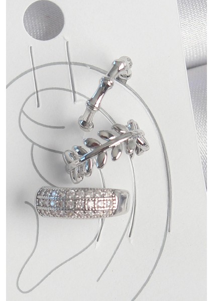 Pirinç Gümüş Renk Zirkon Taşlı 3'lü Model Yaprak Figür Kadın Kıkırdak Küpe