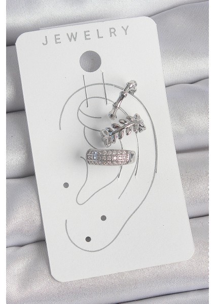 Pirinç Gümüş Renk Zirkon Taşlı 3'lü Model Yaprak Figür Kadın Kıkırdak Küpe fiyatları