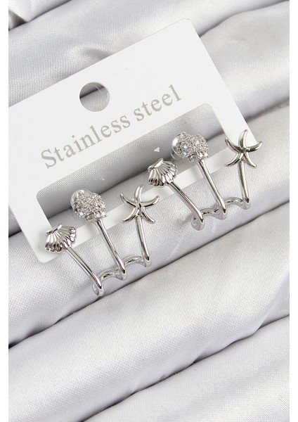 Pirinç Zirkon Taşlı Deniz Yıldızı ve Istiridye Model Gümüş Renk Kadın Küpe