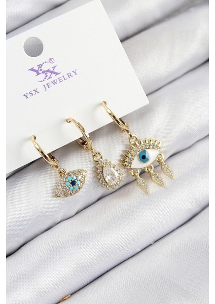 Pirinç Zirkon Taşlı 3'lü Fatma'nın Gözü Model Gold Renk Kadın Küpe