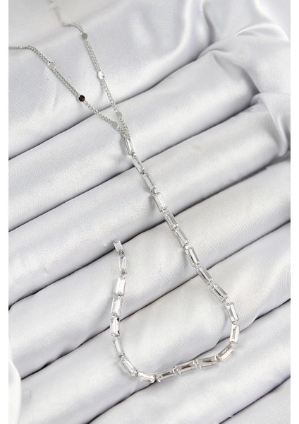 Pirinç Zirkon Taşlı Model Gümüş Renk Y Kolye