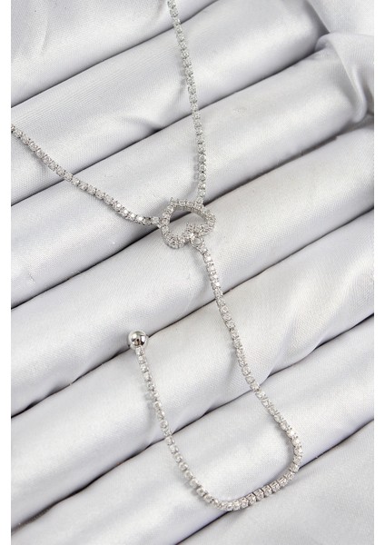 Pirinç Zirkon Taşlı Kalp Model Gümüş Renk Y Kolye