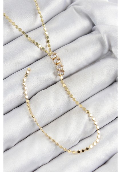 Pirinç Zirkon Taşlı Ezme Zincirli Model Gold Renk Y Kolye