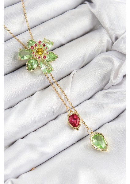 Vıp Pirinç Zirkon Taşlı Çiçek Model Gold Renk Asansörlü Kadın Kolye