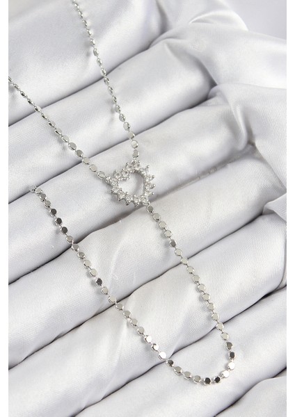 Pirinç Zirkon Taşlı Ezme Zincirli Kalp Model Gümüş Renk Y Kolye