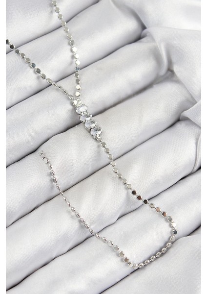 Pirinç Zirkon Taşlı Ezme Zincirli Model Gümüş Renk Y Kolye