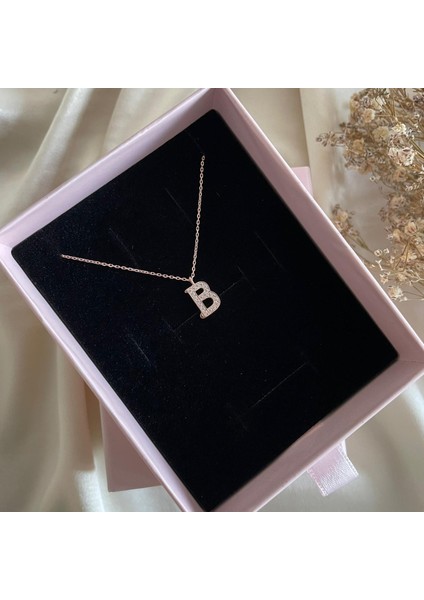 925 Ayar Gümüş Rose B Harfli Kolye Rose | Kadın Zarif Hediyelik Takı Şık Doğum Günü Hediyesi
