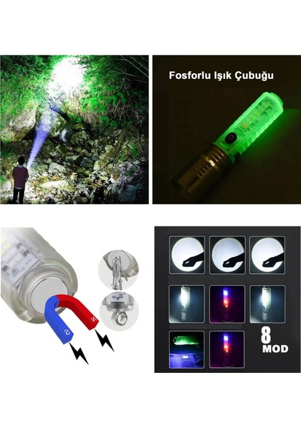 El Feneri 8 Mod Şarjlı Fosforlu Mıknatıslı LED El Feneri