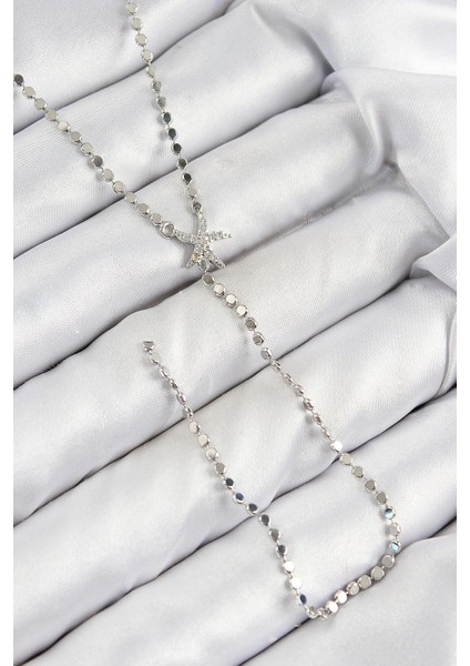 Pirinç Zirkon Taşlı Ezme Zincirli Deniz Yıldızı Model Gümüş Renk Y Kolye