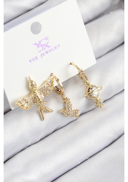Pirinç Zirkon Taşlı 3'lü Kuş Model Gold Renk Kadın Küpe