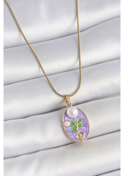 316L Çelik Gold Renk Zincir Mor Mineli Oval Incili Çiçek Işlemeli Portre Model Kadın Kolye