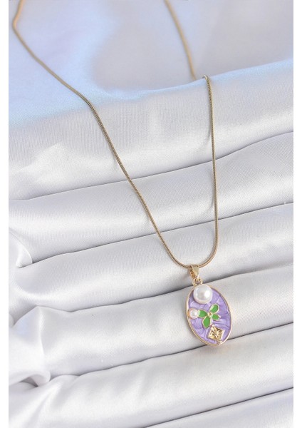 316L Çelik Gold Renk Zincir Mor Mineli Oval Incili Çiçek Işlemeli Portre Model Kadın Kolye fiyatları