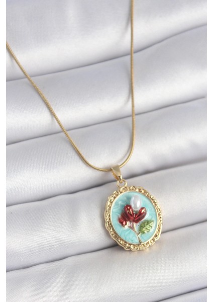 316L Çelik Gold Renk Zincir Turkuaz Mineli Incili Çiçek Işlemeli Portre Model Kadın Kolye