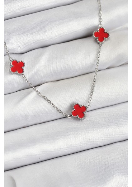 316L Çelik Zincir Gümüş Renk Kırmızı Baby Boy Yonca Kadın Kolye