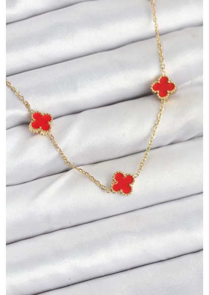 316L Çelik Zincir Gold Renk Kırmızı Baby Boy Yonca Kadın Kolye