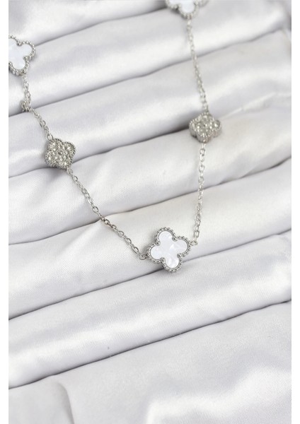 316L Çelik Zincir Gümüş Renk Beyaz ve Zirkon Taşlı Yonca Kadın Kolye