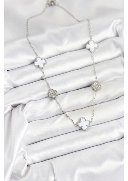 316L Çelik Zincir Gümüş Renk Beyaz ve Zirkon Taşlı Yonca Kadın Kolye fiyatları