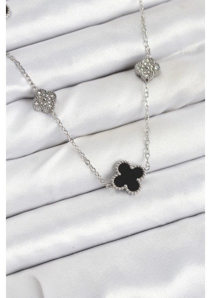 316L Çelik Zincir Gümüş Renk Siyah ve Zirkon Taşlı Yonca Kadın Kolye