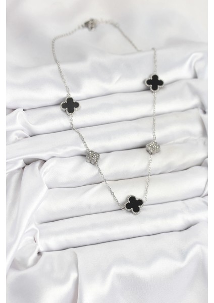 316L Çelik Zincir Gümüş Renk Siyah ve Zirkon Taşlı Yonca Kadın Kolye fiyatları