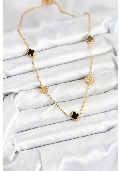 316L Çelik Zincir Gold Renk Siyah ve Zirkon Taşlı Baby Boy Yonca Kadın Kolye fiyatları