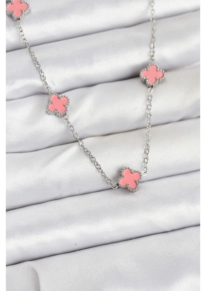 316L Çelik Zincir Gümüş Renk Pembe Baby Boy Yonca Kadın Kolye