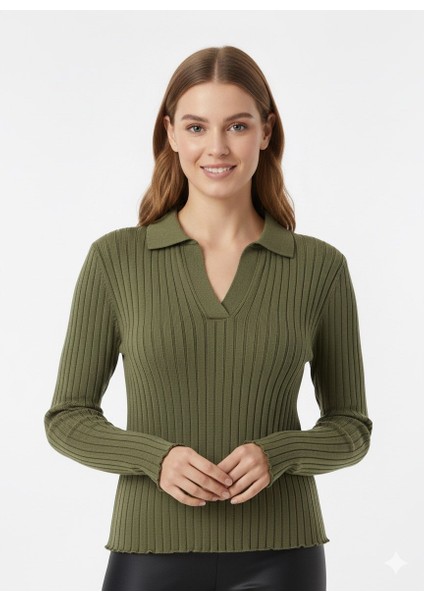 Kadın Fitilli Polo Yaka Kazak 5059