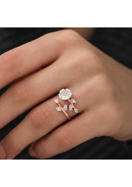 ​925 Ayar Gümüş Rose Beyaz Bahar Çiçeği Yüzük modelleri