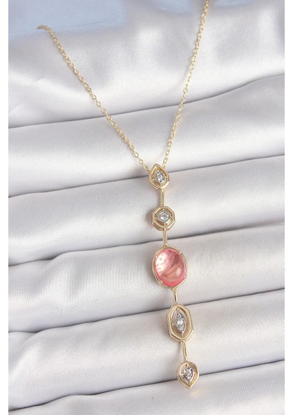 Pirinç Zincir Pembe Gold Renk Zirkon Taşlı Y Kolye