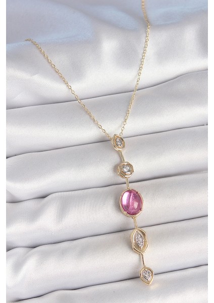 Pirinç Zincir Gold Renk Pembe Zirkon Taşlı Y Kolye