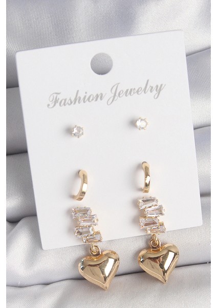 Pirinç Gold Renk Zirkon Taşlı Sallantılı Kalp Model Yarım Halka Detay 3 Çift Kadın Küpe Seti