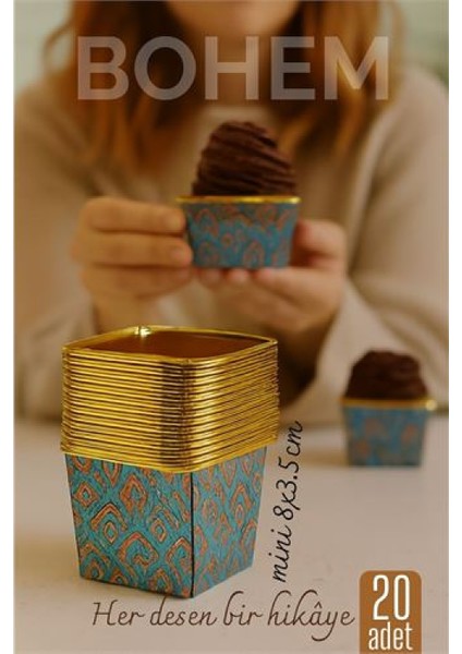 Bohem Kare Kek Kalıbı , Alüminyum Cupcake Muffin Kalıbı 20'li Paket