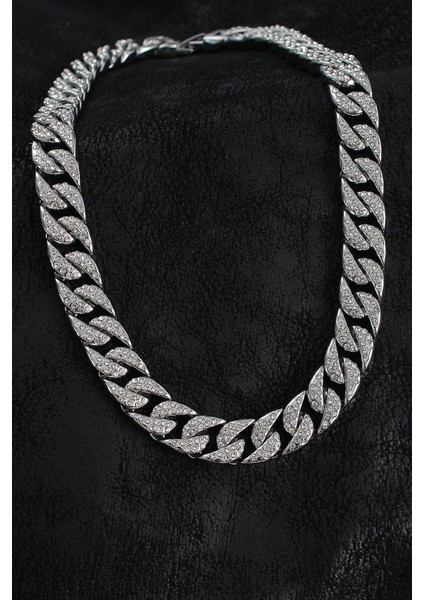 Pirinç Zirkon Taşlı Cuba Gurmet Model Gümüş Renk Erkek Kolye