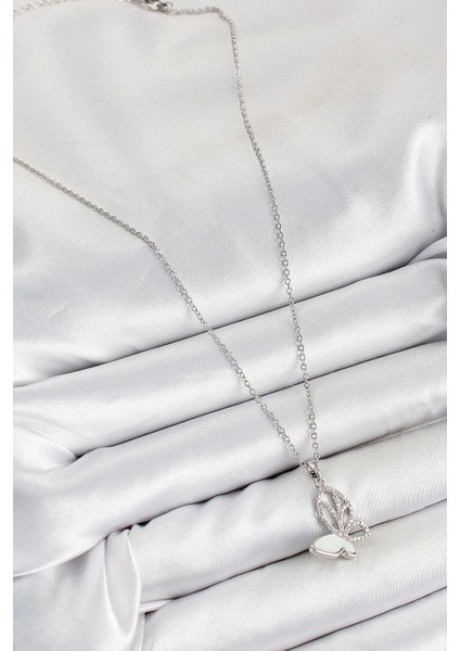 316L Çelik Zirkon Taşlı Kelebek Model Gümüş Renk Kadın Kolye fiyatları