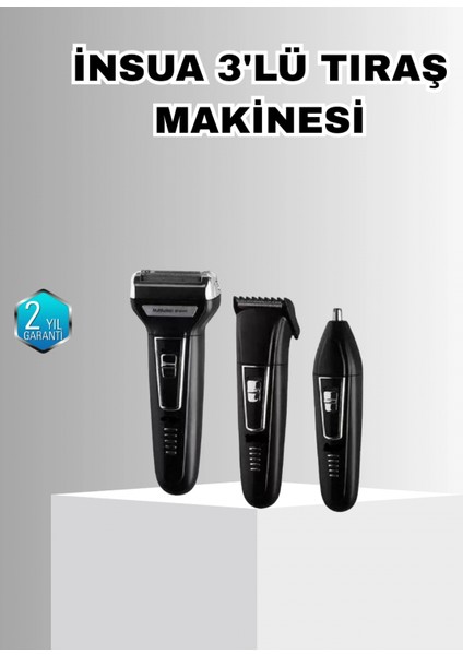 Insua Erkek Bakım Seti – 3 Başlıklı Şarjlı Tıraş Makinesi, 60 Dakika Kablosuz Kullanım